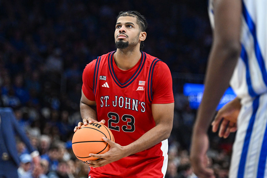ATLANTA, GA - DECEMBER 20: St. John's forward Bryce Hopkins (23) shoots a free throw during the college basketball game between the St. John's Red Storm and the Kentucky Wildcats on December 20th, 2025 at State Farm Arena in Atlanta, GA. (Photo by Rich von Biberstein/Icon Sportswire via Getty Images)