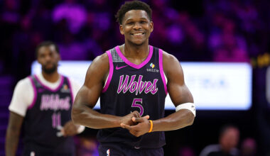 MINNEAPOLIS, MINNESOTA - DECEMBER 21: Anthony Edwards #5 of the Minnesota Timberwolves smiles in the third quarter of the game against the Milwaukee Bucks at Target Center on December 21, 2025 in Minneapolis, Minnesota. The Timberwolves defeated the Bucks 103-100.