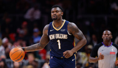 ATLANTA, GEORGIA - JANUARY 7: Zion Williamson #1 of the New Orleans Pelicans dribbles during the second quarter against the Atlanta Hawks at State Farm Arena on January 7, 2026 in Atlanta, Georgia. NOTE TO USER: User expressly acknowledges and agrees that, by downloading and or using this photograph, User is consenting to the terms and conditions of the Getty Images License Agreement. (Photo by Todd Kirkland/Getty Images)