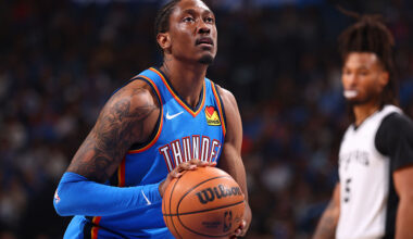 OKLAHOMA CITY, OK - JANUARY 13: Jalen Williams #8 of the Oklahoma City Thunder shoots a free throw during the game against the San Antonio Spurs on January 13, 2026 at Paycom Center in Oklahoma City, Oklahoma. NOTE TO USER: User expressly acknowledges and agrees that, by downloading and or using this photograph, User is consenting to the terms and conditions of the Getty Images License Agreement. Mandatory Copyright Notice: Copyright 2026 NBAE (Photo by Zach Beeker/NBAE via Getty Images)