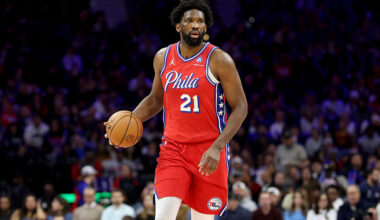 PHILADELPHIA, PENNSYLVANIA - JANUARY 16: Joel Embiid #21 of the Philadelphia 76ers dribbles the ball during a game against the Cleveland Cavaliers at Xfinity Mobile Arena on January 16, 2026 in Philadelphia, Pennsylvania.