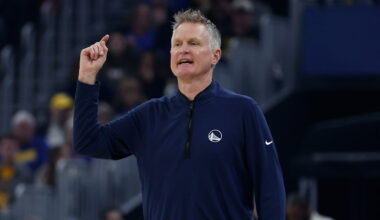 Head coach Steve Kerr of the Golden State Warriors directs his players in the first quarter against the Charlotte Hornets at Chase Center on January 17, 2026 in San Francisco, California.
