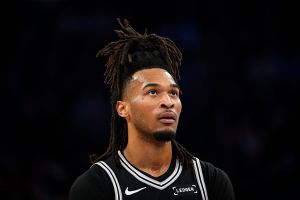 SALT LAKE CITY, UT - JANUARY 22: Stephon Castle #5 of the San Antonio Spurs looks on during the game against the Utah Jazz on January 22, 2026 at Delta Center in Salt Lake City, Utah. NOTE TO USER: User expressly acknowledges and agrees that, by downloading and or using this Photograph, User is consenting to the terms and conditions of the Getty Images License Agreement. Mandatory Copyright Notice: Copyright 2026 NBAE (Photo by Alex Goodlett/NBAE via Getty Images)