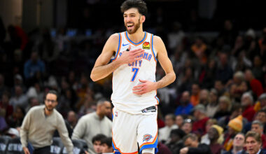 CLEVELAND, OHIO - JANUARY 19: Center Chet Holmgren #7 of the Oklahoma City Thunder reacts during the fourth quarter against the Cleveland Cavaliers at Rocket Arena on January 19, 2026, in Cleveland, Ohio. The Thunder defeated the Cavaliers 136-104. NOTE TO USER: User expressly acknowledges and agrees that, by downloading and or using this photograph, User is consenting to the terms and conditions of the Getty Images License Agreement. (Photo by Jason Miller/Getty Images)