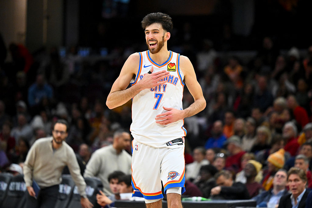 CLEVELAND, OHIO - JANUARY 19: Center Chet Holmgren #7 of the Oklahoma City Thunder reacts during the fourth quarter against the Cleveland Cavaliers at Rocket Arena on January 19, 2026, in Cleveland, Ohio. The Thunder defeated the Cavaliers 136-104. NOTE TO USER: User expressly acknowledges and agrees that, by downloading and or using this photograph, User is consenting to the terms and conditions of the Getty Images License Agreement. (Photo by Jason Miller/Getty Images)