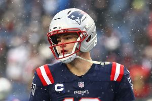 FOXBOROUGH, MA - JANUARY 18: Drake Maye #10 of the New England Patriots during an NFL divisional playoff game against the Houston Texans at Gillette Stadium on January 18, 2026 in Foxborough, Massachusetts.(Photo By Winslow Townson/Getty Images)