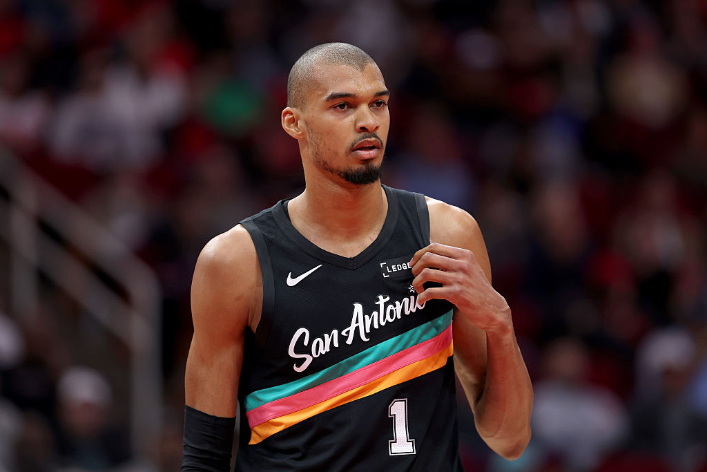 HOUSTON, TEXAS - JANUARY 20: Victor Wembanyama #1 of the San Antonio Spurs looks on during the game against the Houston Rockets at Toyota Center on January 20, 2026 in Houston, Texas. NOTE TO USER: User expressly acknowledges and agrees that, by downloading and or using this photograph, User is consenting to the terms and conditions of the Getty Images License Agreement. (Photo by Kenneth Richmond/Getty Images)