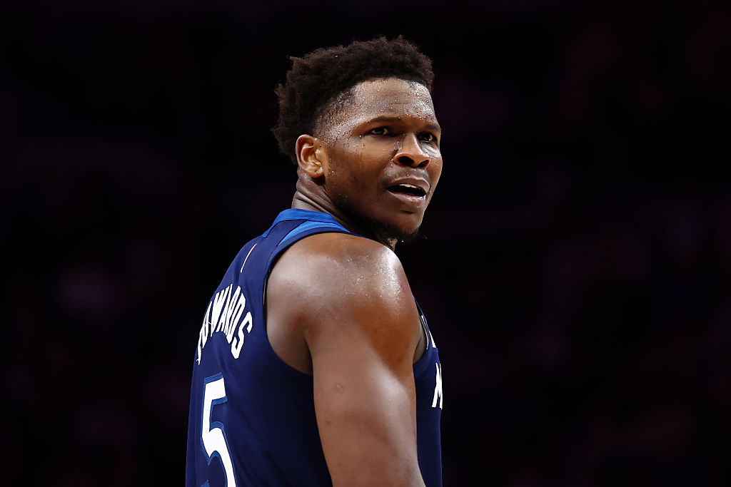 MINNEAPOLIS, MINNESOTA - JANUARY 22: Anthony Edwards #5 of the Minnesota Timberwolves reacts during the second half against the Chicago Bulls at Target Center on January 22, 2026 in Minneapolis, Minnesota. NOTE TO USER: User expressly acknowledges and agrees that, by downloading and or using this photograph, User is consenting to the terms and conditions of the Getty Images License Agreement. (Photo by Tyler Clouse/Getty Images)