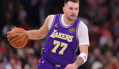 CHICAGO, IL - JANUARY 26: Luka Doncic #77 of the Los Angeles Lakers brings the ball up court during the first half against the Chicago Bulls on January 26, 2026 at the United Center in Chicago, Illinois. (Photo by Melissa Tamez/Icon Sportswire via Getty Images)
