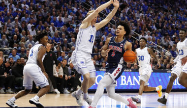 PROVO, UT - JANUARY 26: Brayden Burries #5 of the Arizona Wildcats drives the lane against Richie S...