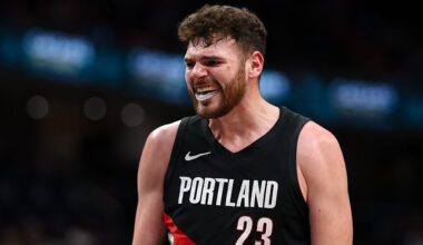 WASHINGTON, DC - JANUARY 27: Donovan Clingan #23 of the Portland Trail Blazers celebrates after scoring a basket against the Washington Wizards during the first half at Capital One Arena on January 27, 2026 in Washington, DC. NOTE TO USER: User expressly acknowledges and agrees that, by downloading and or using this photograph, User is consenting to the terms and conditions of the Getty Images License Agreement. (Photo by Scott Taetsch/Getty Images)