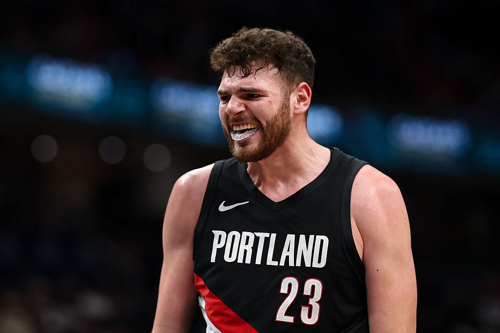 WASHINGTON, DC - JANUARY 27: Donovan Clingan #23 of the Portland Trail Blazers celebrates after scoring a basket against the Washington Wizards during the first half at Capital One Arena on January 27, 2026 in Washington, DC. NOTE TO USER: User expressly acknowledges and agrees that, by downloading and or using this photograph, User is consenting to the terms and conditions of the Getty Images License Agreement. (Photo by Scott Taetsch/Getty Images)