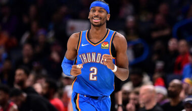 OKLAHOMA CITY, OKLAHOMA - JANUARY 27: Shai Gilgeous-Alexander #2 of the Oklahoma City Thunder celebrates during the second half against the New Orleans Pelicans at Paycom Center on January 27, 2026 in Oklahoma City, Oklahoma. NOTE TO USER: User expressly acknowledges and agrees that, by downloading and or using this photograph, User is consenting to the terms and conditions of the Getty Images License Agreement. (Photo by Joshua Gateley/Getty Images)
