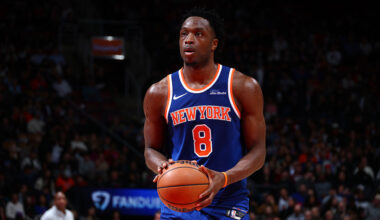 TORONTO, CANADA - JANUARY 28: OG Anunoby #8 of the New York Knicks shoots a free throw during the game against the Toronto Raptors on January 28, 2026 at the Scotiabank Arena in Toronto, Ontario, Canada. NOTE TO USER: User expressly acknowledges and agrees that, by downloading and or using this Photograph, user is consenting to the terms and conditions of the Getty Images License Agreement. Mandatory Copyright Notice: Copyright 2026 NBAE (Photo by Vaughn Ridley/NBAE via Getty Images)