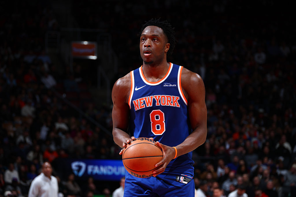 TORONTO, CANADA - JANUARY 28: OG Anunoby #8 of the New York Knicks shoots a free throw during the game against the Toronto Raptors on January 28, 2026 at the Scotiabank Arena in Toronto, Ontario, Canada. NOTE TO USER: User expressly acknowledges and agrees that, by downloading and or using this Photograph, user is consenting to the terms and conditions of the Getty Images License Agreement. Mandatory Copyright Notice: Copyright 2026 NBAE (Photo by Vaughn Ridley/NBAE via Getty Images)
