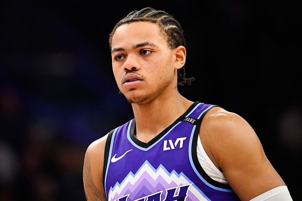 SALT LAKE CITY, UTAH - JANUARY 24: Keyonte George #3 of the Utah Jazz in action during a game against the Miami Heat at Delta Center on January 24, 2026 in Salt Lake City, Utah. NOTE TO USER: User expressly acknowledges and agrees that, by downloading and or using this photograph, User is consenting to the terms and conditions of the Getty Images License Agreement. (Photo by Alex Goodlett/Getty Images)