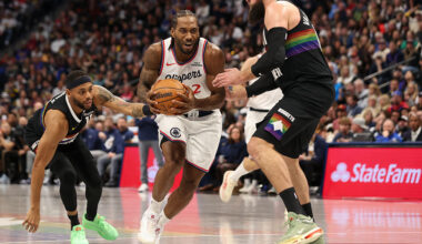 DENVER, COLORADO - JANUARY 30: Kawhi Leonard #2 of the Los Angeles Clippers drives to the basket as the Denver Nuggets defend during the fourth quarter at Ball Arena on January 30, 2026 in Denver, Colorado. NOTE TO USER: User expressly acknowledges and agrees that, by downloading and or using this photograph, User is consenting to the terms and conditions of the Getty Images License Agreement. (Photo by Tanner Pearson/Clarkson Creative/Getty Images)