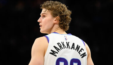 SALT LAKE CITY, UTAH - JANUARY 27: Lauri Markkanen #23 of the Utah Jazz looks on during the first half of a game against the LA Clippers at Delta Center on January 27, 2026 in Salt Lake City, Utah. NOTE TO USER: User expressly acknowledges and agrees that, by downloading and or using this photograph, User is consenting to the terms and conditions of the Getty Images License Agreement. (Photo by Alex Goodlett/Getty Images)