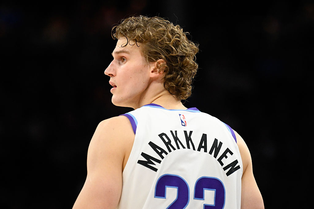 SALT LAKE CITY, UTAH - JANUARY 27: Lauri Markkanen #23 of the Utah Jazz looks on during the first half of a game against the LA Clippers at Delta Center on January 27, 2026 in Salt Lake City, Utah. NOTE TO USER: User expressly acknowledges and agrees that, by downloading and or using this photograph, User is consenting to the terms and conditions of the Getty Images License Agreement. (Photo by Alex Goodlett/Getty Images)