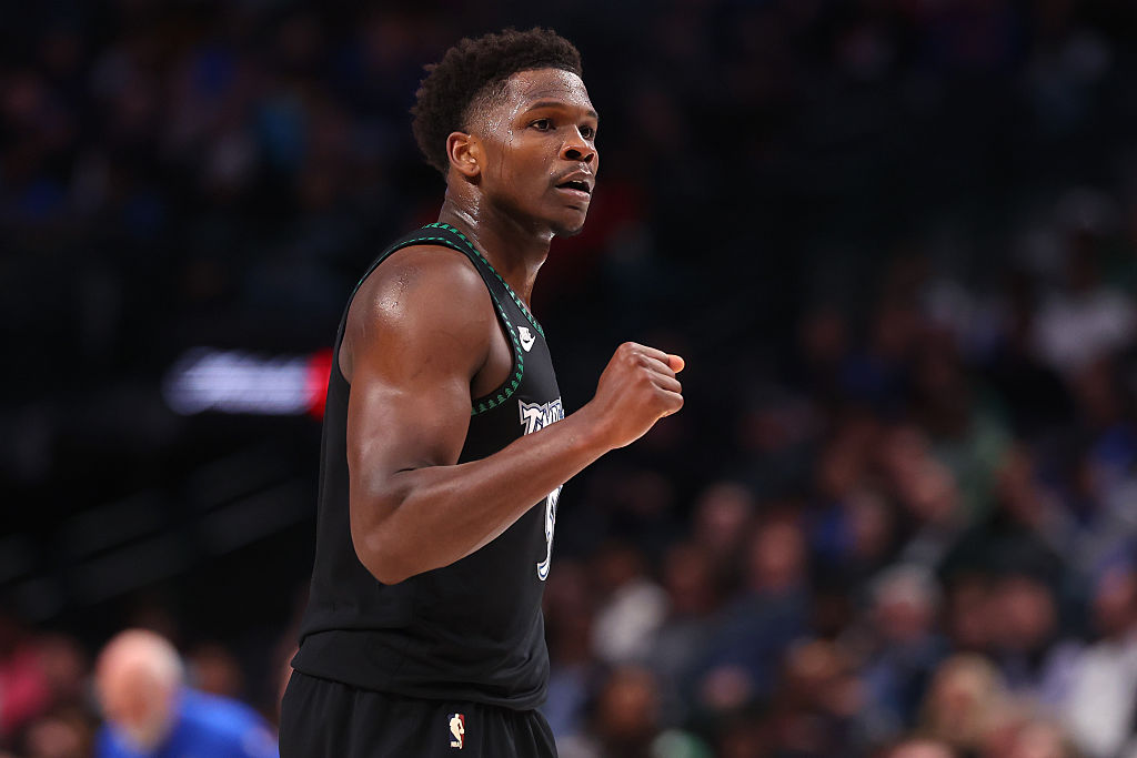 DALLAS, TEXAS - JANUARY 28: Anthony Edwards #5 of the Minnesota Timberwolves reacts after a score during the third quarter against the Dallas Mavericks at American Airlines Center on January 28, 2026 in Dallas, Texas. NOTE TO USER: User expressly acknowledges and agrees that, by downloading and or using this photograph, user is consenting to the terms and conditions of the Getty Images License Agreement. (Photo by Sam Hodde/Getty Images)