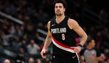 WASHINGTON, DC - JANUARY 27: Deni Avdija #8 of the Portland Trail Blazers looks on during the second half against the Washington Wizards at Capital One Arena on January 27, 2026 in Washington, DC. NOTE TO USER: User expressly acknowledges and agrees that, by downloading and or using this photograph, User is consenting to the terms and conditions of the Getty Images License Agreement. (Photo by Scott Taetsch/Getty Images)