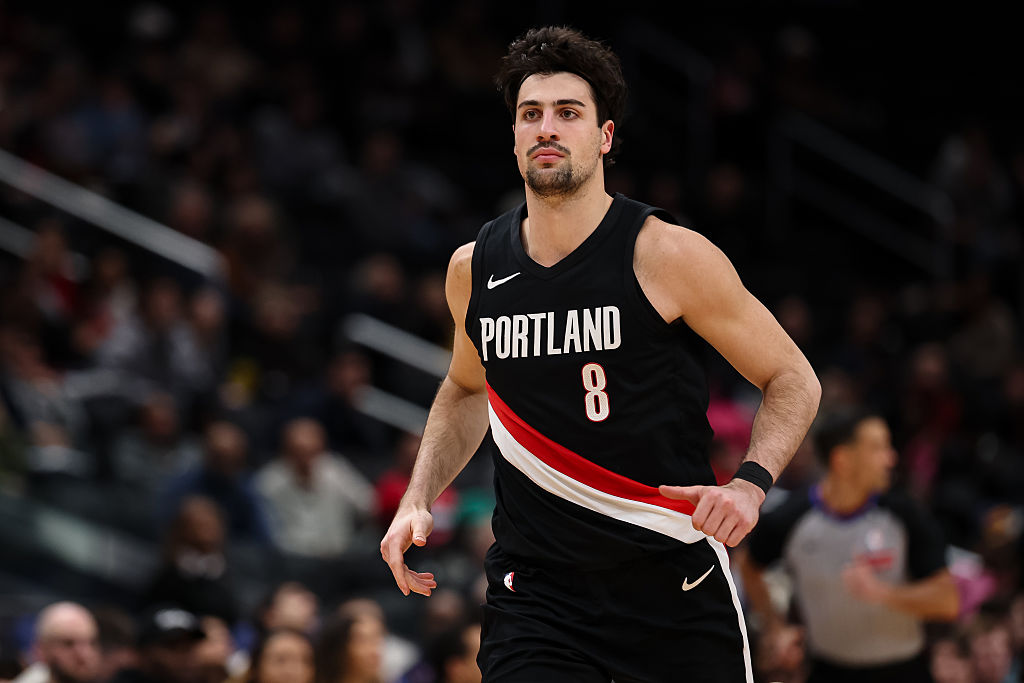WASHINGTON, DC - JANUARY 27: Deni Avdija #8 of the Portland Trail Blazers looks on during the second half against the Washington Wizards at Capital One Arena on January 27, 2026 in Washington, DC. NOTE TO USER: User expressly acknowledges and agrees that, by downloading and or using this photograph, User is consenting to the terms and conditions of the Getty Images License Agreement. (Photo by Scott Taetsch/Getty Images)