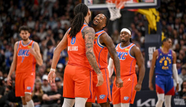 DENVER , CO - FEBRUARY 1: Cason Wallace (22) of the Oklahoma City Thunder celebrates making a three with teammate Jaylin Williams (6) during the third quarter against the Denver Nuggets at Ball Arena in Denver, Colorado on Sunday, February 1, 2026. (Photo by AAron Ontiveroz/The Denver Post)