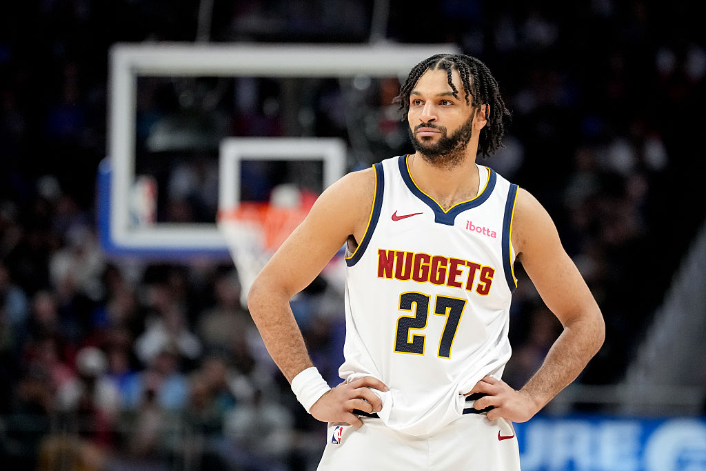 DETROIT, MICHIGAN - FEBRUARY 03: Jamal Murray #27 of the Denver Nuggets looks on against the Detroit Pistons during the fourth quarter at Little Caesars Arena on February 03, 2026 in Detroit, Michigan. NOTE TO USER: User expressly acknowledges and agrees that, by downloading and or using this photograph, User is consenting to the terms and conditions of the Getty Images License Agreement. (Photo by Nic Antaya/Getty Images)