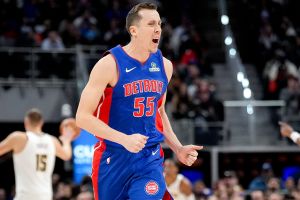 DETROIT, MICHIGAN - FEBRUARY 03: Duncan Robinson #55 of the Detroit Pistons reacts during the fourth quarter against the Denver Nuggets at Little Caesars Arena on February 03, 2026 in Detroit, Michigan. NOTE TO USER: User expressly acknowledges and agrees that, by downloading and or using this photograph, User is consenting to the terms and conditions of the Getty Images License Agreement. (Photo by Nic Antaya/Getty Images)