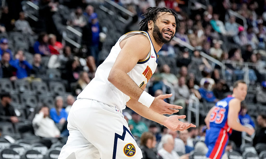 DETROIT, MICHIGAN - FEBRUARY 03: Jamal Murray #27 of the Denver Nuggets reacts during the third qua...