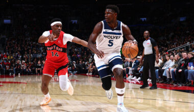 TORONTO, CANADA - FEBRUARY 4: Anthony Edwards #5 of the Minnesota Timberwolves drives to the basket during the game against the Toronto Raptors on February 4, 2026 at the Scotiabank Arena in Toronto, Ontario, Canada. NOTE TO USER: User expressly acknowledges and agrees that, by downloading and or using this Photograph, user is consenting to the terms and conditions of the Getty Images License Agreement. Mandatory Copyright Notice: Copyright 2026 NBAE (Photo by Vaughn Ridley/NBAE via Getty Images)
