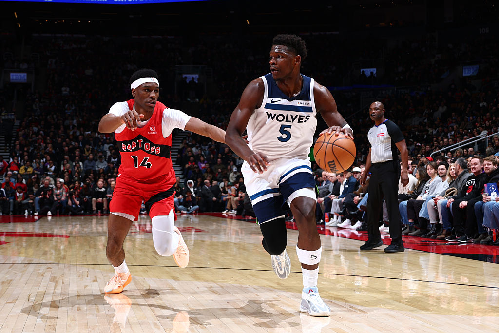 TORONTO, CANADA - FEBRUARY 4: Anthony Edwards #5 of the Minnesota Timberwolves drives to the basket during the game against the Toronto Raptors on February 4, 2026 at the Scotiabank Arena in Toronto, Ontario, Canada. NOTE TO USER: User expressly acknowledges and agrees that, by downloading and or using this Photograph, user is consenting to the terms and conditions of the Getty Images License Agreement. Mandatory Copyright Notice: Copyright 2026 NBAE (Photo by Vaughn Ridley/NBAE via Getty Images)