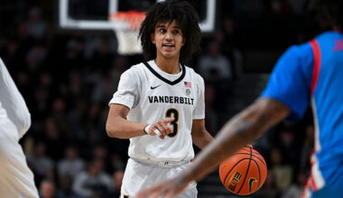 NASHVILLE, TENNESSEE - JANUARY 31: Tyler Tanner #3 of the Vanderbilt Commodores drives towards the basket against the Ole Miss Rebels in the second half at Vanderbilt University Memorial Gymnasium on January 31, 2026 in Nashville, Tennessee. (Photo by Carly Mackler/Getty Images)