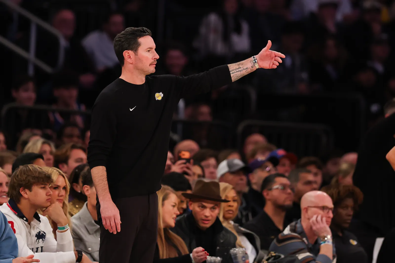 NEW YORK, NEW YORK - FEBRUARY 01: Head coach JJ Redick of the Los Angeles Lakers gestures during the fourth quarter against the New York Knicks at Madison Square Garden on February 01, 2026 in New York City. NOTE TO USER: User expressly acknowledges and agrees that, by downloading and or using this photograph, user is consenting to the terms and conditions of the Getty Images License Agreement. (Photo by Ishika Samant/Getty Images)