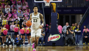 ANN ARBOR, MI - FEBRUARY 05: Michigan Wolverines forward Yaxel Lendeborg (23) brings the ball up the court during the second half of a regular season Big Ten Conference college basketball game between the Penn State Nittany Lions and the Michigan Wolverines on February 5, 2026 at the Crisler Center in Ann Arbor, Michigan. (Photo by Scott W. Grau/Icon Sportswire via Getty Images)