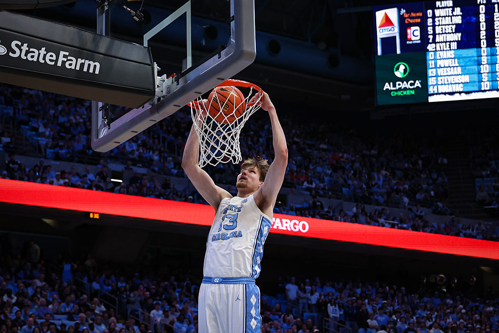 CHAPEL HILL, NORTH CAROLINA - FEBRUARY 02: Henri Veesaar #13 of the North Carolina Tar Heels dunks the ball during the second half of a basketball game against the Syracuse Orange at Dean E. Smith Center on February 02, 2026 in Chapel Hill, North Carolina. (Photo by David Jensen/Getty Images)