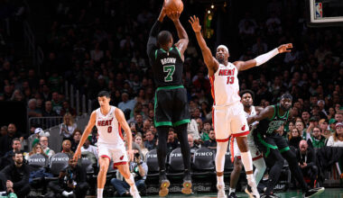 BOSTON, MA - FEBRUARY 6: Jaylen Brown #7 of the Boston Celtics shoots a three point basket during the game against the Miami Heat on February 6, 2026 at TD Garden in Boston, Massachusetts. NOTE TO USER: User expressly acknowledges and agrees that, by downloading and/or using this Photograph, user is consenting to the terms and conditions of the Getty Images License Agreement. Mandatory Copyright Notice: Copyright 2026 NBAE (Photo by Brian Babineau/NBAE via Getty Images)