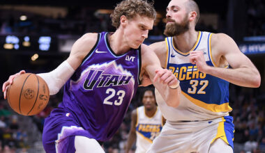 INDIANAPOLIS, INDIANA - FEBRUARY 03: Lauri Markkanen #23 of the Utah Jazz dribbles against Jay Huff #32 of the Indiana Pacers during the second half at Gainbridge Fieldhouse on February 03, 2026 in Indianapolis, Indiana. NOTE TO USER: User expressly acknowledges and agrees that, by downloading and or using this photograph, User is consenting to the terms and conditions of the Getty Images License Agreement. (Photo by Bobby Goddin/Getty Images)