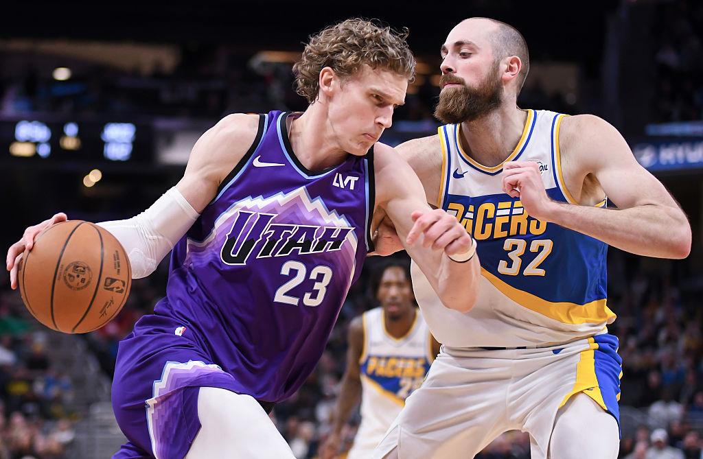 INDIANAPOLIS, INDIANA - FEBRUARY 03: Lauri Markkanen #23 of the Utah Jazz dribbles against Jay Huff #32 of the Indiana Pacers during the second half at Gainbridge Fieldhouse on February 03, 2026 in Indianapolis, Indiana. NOTE TO USER: User expressly acknowledges and agrees that, by downloading and or using this photograph, User is consenting to the terms and conditions of the Getty Images License Agreement. (Photo by Bobby Goddin/Getty Images)