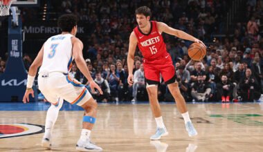 OKLAHOMA CITY, OK - FEBRUARY 7: Reed Sheppard #15 of the Houston Rockets dribbles the ball during the game against the Oklahoma City Thunder on February 7, 2026 at Paycom Center in Oklahoma City, Oklahoma.