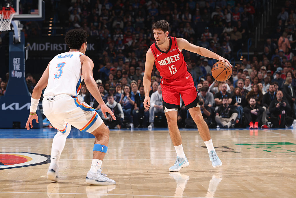 OKLAHOMA CITY, OK - FEBRUARY 7: Reed Sheppard #15 of the Houston Rockets dribbles the ball during the game against the Oklahoma City Thunder on February 7, 2026 at Paycom Center in Oklahoma City, Oklahoma.