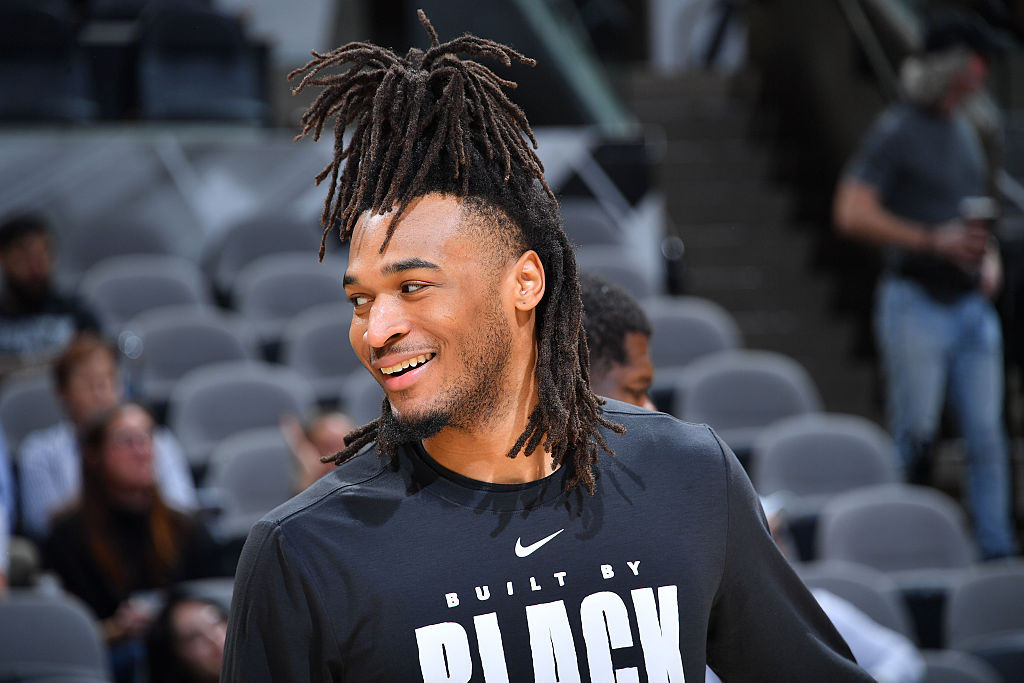 SAN ANTONIO, TX - FEBRUARY 7: Stephon Castle #5 of the San Antonio Spurs smiles during the game before the game against the Dallas Mavericks on February 7, 2026 at the Frost Bank Center in San Antonio, Texas. NOTE TO USER: User expressly acknowledges and agrees that, by downloading and or using this photograph, user is consenting to the terms and conditions of the Getty Images License Agreement. Mandatory Copyright Notice: Copyright 2026 NBAE (Photos by Michael Gonzales/NBAE via Getty Images)