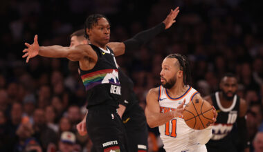 NEW YORK, NEW YORK - FEBRUARY 04: Jalen Brunson #11 of the New York Knicks looks to pass the ball p...