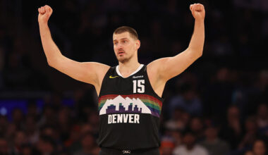 NEW YORK, NEW YORK - FEBRUARY 04: Nikola Jokic #15 of the Denver Nuggets reacts during the first qu...
