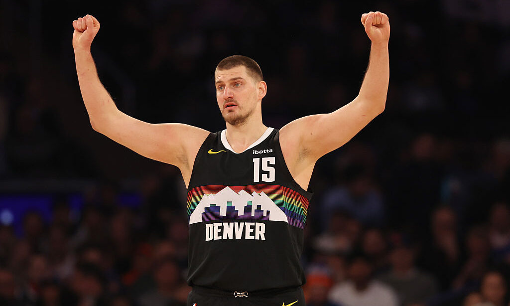 NEW YORK, NEW YORK - FEBRUARY 04: Nikola Jokic #15 of the Denver Nuggets reacts during the first qu...