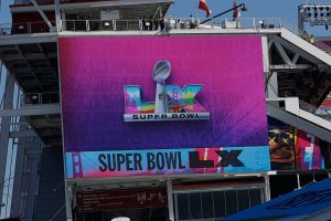 SANTA CLARA, CA - FEBRUARY 08: Super Bowl LX logo on display prior to the start of the Seattle Seahawks versus the New England Patriots Super Bowl LX game on February 8, 2026, at Levi's Stadium in Santa Clara, CA. (Photo by Bob Kupbens/Icon Sportswire via Getty Images)