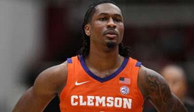 PALO ALTO, CALIFORNIA - FEBRUARY 04: Jestin Porter #1 of the Clemson Tigers looks on against the Stanford Cardinal in the second half at Stanford Maples Pavilion on February 04, 2026 in Palo Alto, California. (Photo by Eakin Howard/Getty Images)