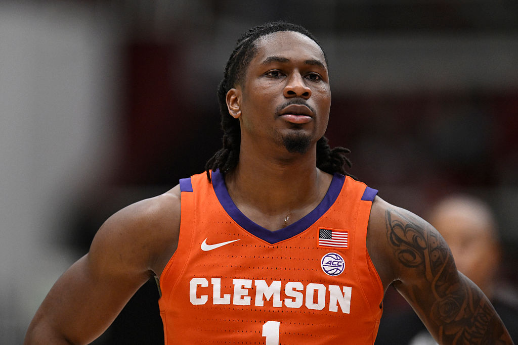 PALO ALTO, CALIFORNIA - FEBRUARY 04: Jestin Porter #1 of the Clemson Tigers looks on against the Stanford Cardinal in the second half at Stanford Maples Pavilion on February 04, 2026 in Palo Alto, California. (Photo by Eakin Howard/Getty Images)
