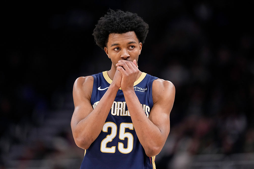 MILWAUKEE, WISCONSIN - FEBRUARY 04: Trey Murphy III #25 of the New Orleans Pelicans looks on during the second half of the game against the Milwaukee Bucks at Fiserv Forum on February 04, 2026 in Milwaukee, Wisconsin. NOTE TO USER: User expressly acknowledges and agrees that, by downloading and or using this photograph, User is consenting to the terms and conditions of the Getty Images License Agreement. (Photo by John Fisher/Getty Images)
