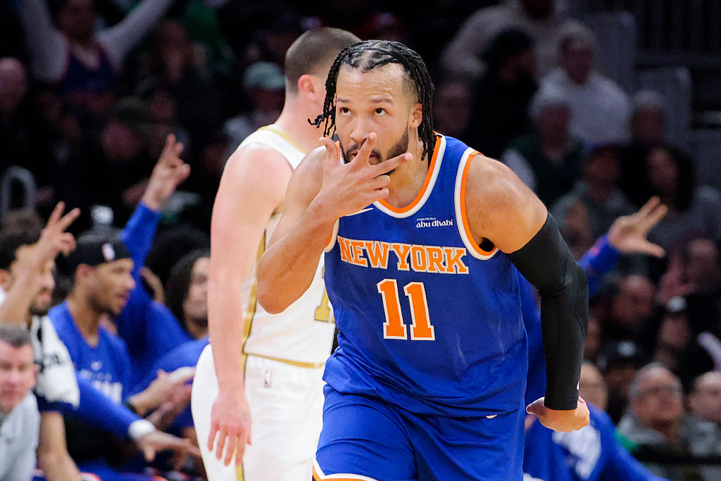 Boston, MA - February 8: New York Knicks guard Jalen Brunson reacts after making a 3-pointer in the first quarter. The Boston Celtics and New York Knicks played at TD Garden on February 8, 2026. (Photo by Matthew J. Lee/The Boston Globe via Getty Images)